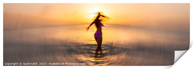 Panoramic ocean sunset with dancing girl motion blur Print by Spotmatik 