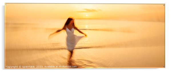 Panoramic motion blurred ocean sunset with dancing girl Acrylic by Spotmatik 
