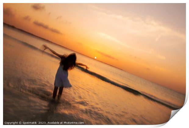 Motion blur girl standing in ocean at sunrise Print by Spotmatik 