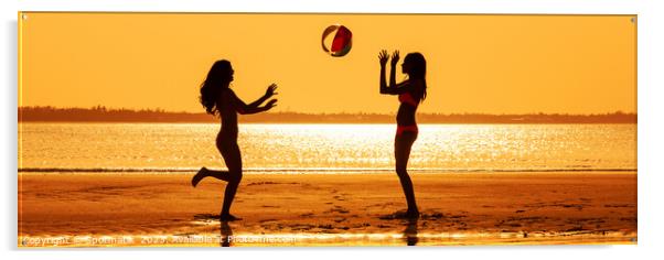 Panoramic silhouette friends with beach ball at sunset Acrylic by Spotmatik 