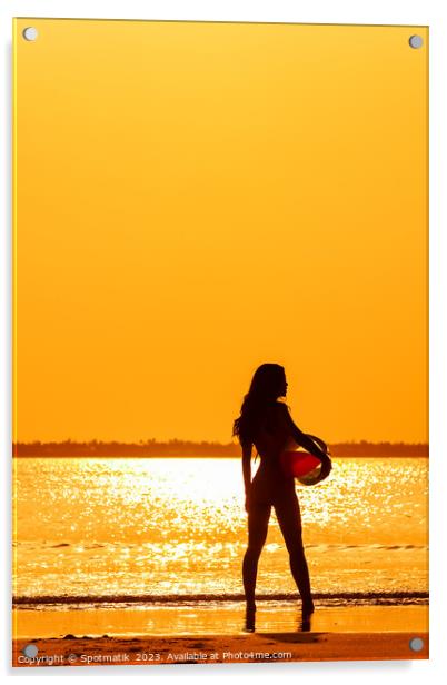 Tropical ocean sunrise with girl holding beach ball Acrylic by Spotmatik 