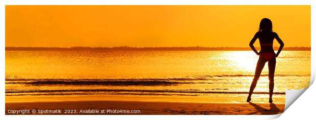 Panoramic silhouette of girl watching tropical ocean sunset Print by Spotmatik 