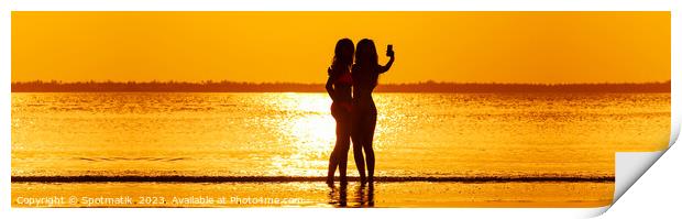 Panoramic tropical ocean sunrise with friends taking selfie Print by Spotmatik 