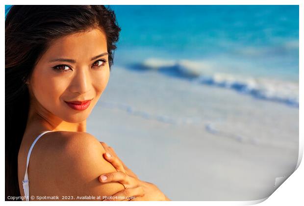 Portrait of smiling Asian woman by ocean waves Print by Spotmatik 