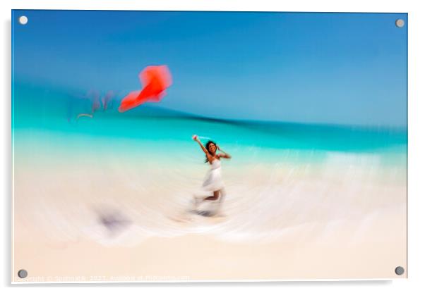 Motion blurred young woman flying kite on beach Acrylic by Spotmatik 