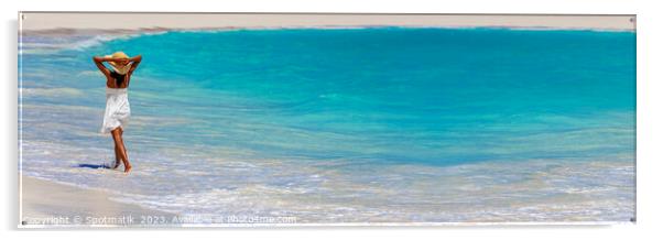 Panoramic ocean with young female walking in waves Acrylic by Spotmatik 
