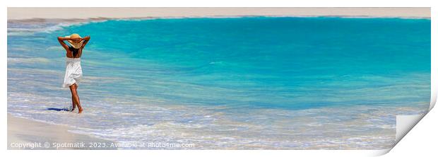Panoramic ocean with young female walking in waves Print by Spotmatik 