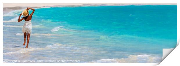 Panoramic young woman walking happily in ocean waves Print by Spotmatik 
