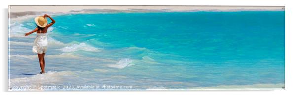 Panoramic happy girl walking through waves on beach Acrylic by Spotmatik 