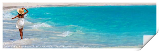 Panoramic happy girl walking through waves on beach Print by Spotmatik 