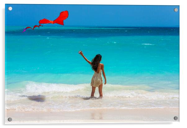 Asian girl standing in ocean waves flying kite Acrylic by Spotmatik 