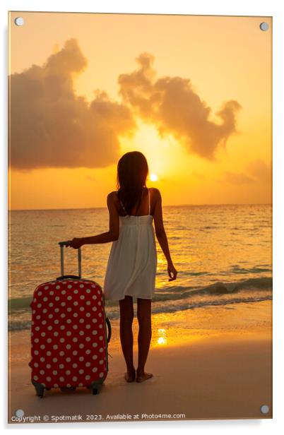 Young woman with suitcase enjoying tropical ocean sunrise Acrylic by Spotmatik 