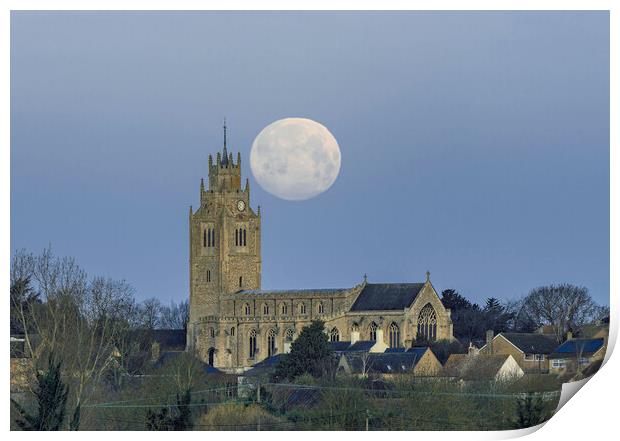 "Snow Moon" setting over St Andrew's, Sutton Print by Andrew Sharpe