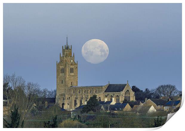 "Snow Moon" setting over St Andrew's, Sutton Print by Andrew Sharpe