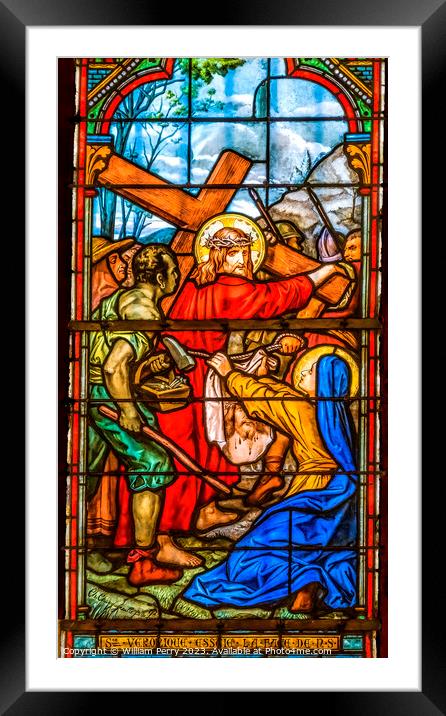 Jesus Carrying Cross Stained Glass Notre Dame Nice France Framed Mounted Print by William Perry
