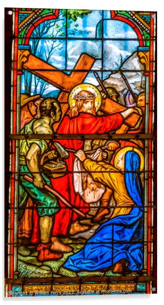 Jesus Carrying Cross Stained Glass Notre Dame Nice France Acrylic by William Perry