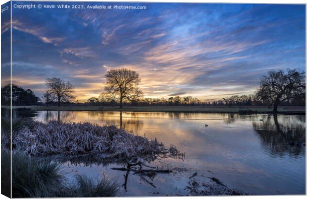 Frosty February sunrise at Bushy Park ponds Canvas Print by Kevin White