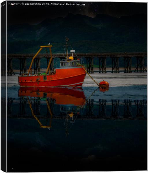Serene Reflections: Fishing Boat on the Mawddach E Canvas Print by Lee Kershaw