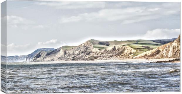 West bay Land in Dorset cliffs crumbling away, photo turned into a painting  Canvas Print by Holly Burgess