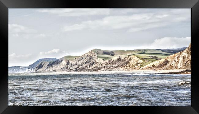 West bay Land in Dorset cliffs crumbling away, photo turned into a painting  Framed Print by Holly Burgess