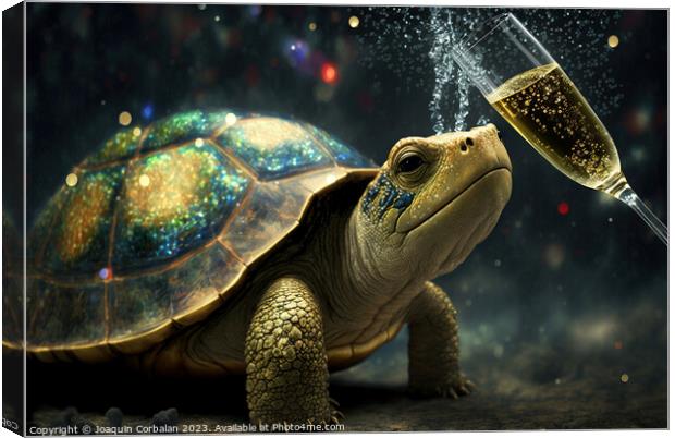 A cute turtle tries to drink champagne from a glas Canvas Print by Joaquin Corbalan