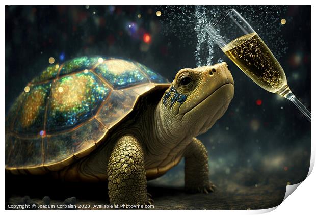 A cute turtle tries to drink champagne from a glas Print by Joaquin Corbalan