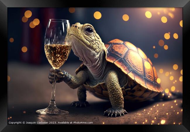 A cute turtle tries to drink champagne from a glas Framed Print by Joaquin Corbalan