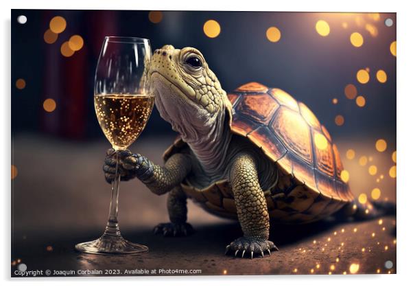A cute turtle tries to drink champagne from a glas Acrylic by Joaquin Corbalan