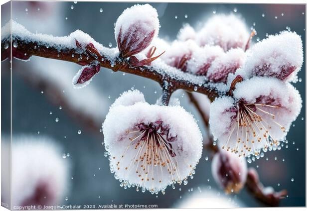 Snowflakes and ice cover the first buds of fruit-b Canvas Print by Joaquin Corbalan