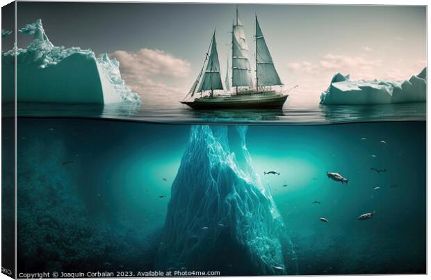 Pictorial illustration, a ship sails around an ice Canvas Print by Joaquin Corbalan