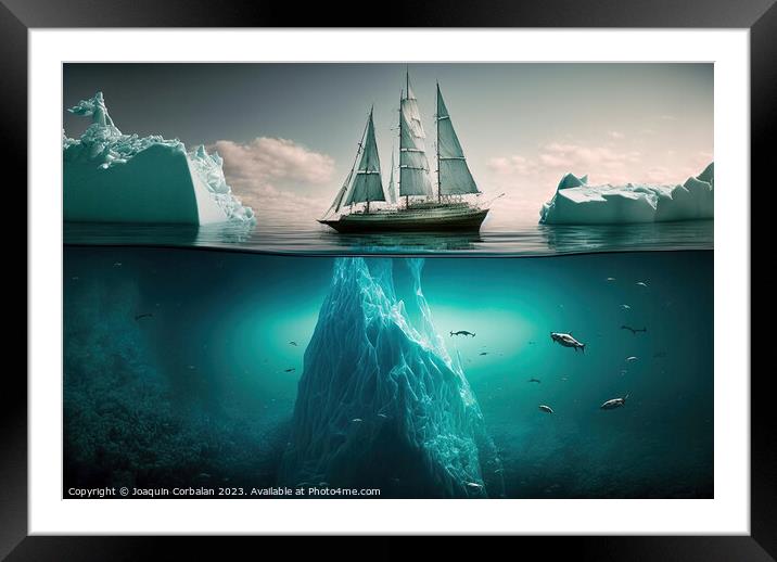 Pictorial illustration, a ship sails around an ice Framed Mounted Print by Joaquin Corbalan