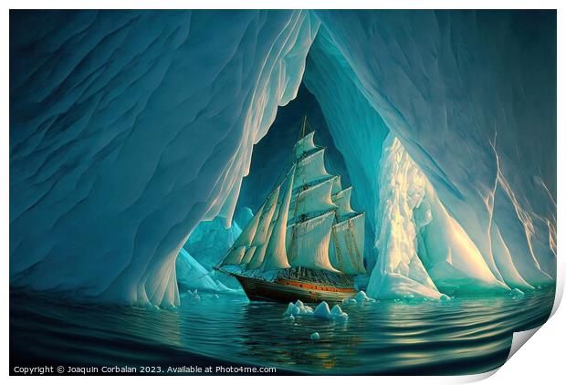Pictorial illustration, a ship sails around an ice Print by Joaquin Corbalan