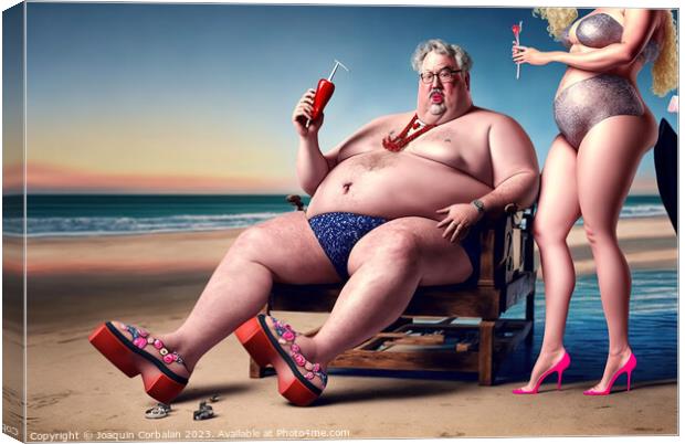 Ridiculous illustration of a man with a big belly, on the beach, Canvas Print by Joaquin Corbalan