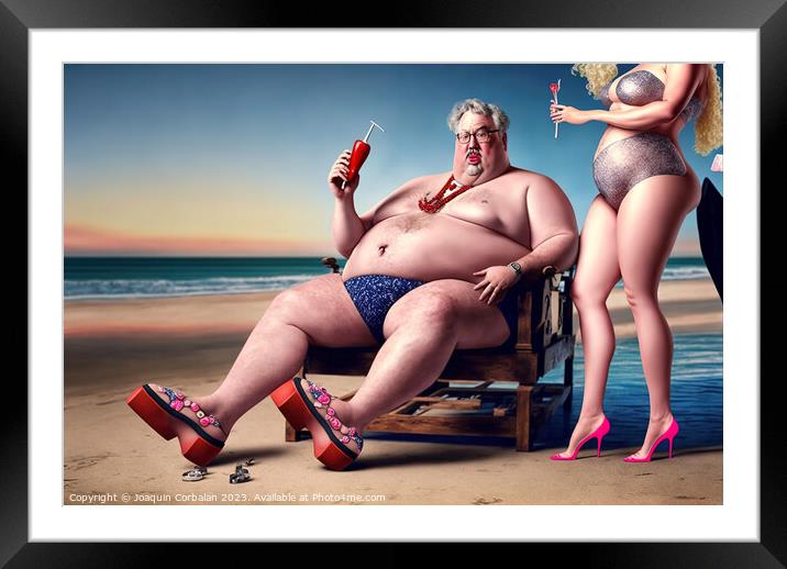 Ridiculous illustration of a man with a big belly, on the beach, Framed Mounted Print by Joaquin Corbalan