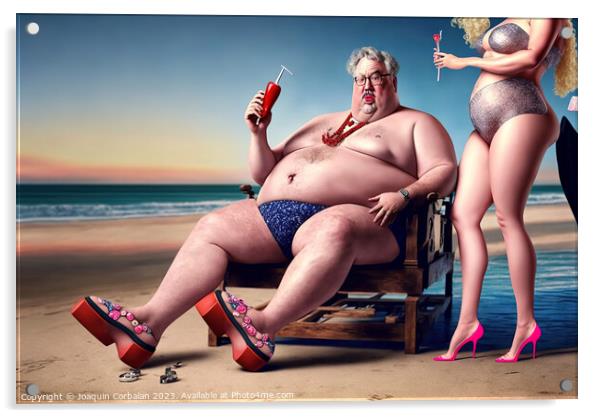 Ridiculous illustration of a man with a big belly, on the beach, Acrylic by Joaquin Corbalan