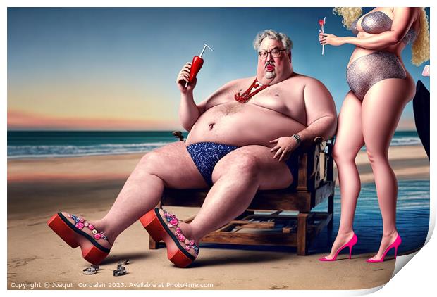 Ridiculous illustration of a man with a big belly, on the beach, Print by Joaquin Corbalan