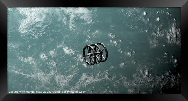 Spaceship overflying exoplanet Kepler 22b Framed Print by Manuel Mata