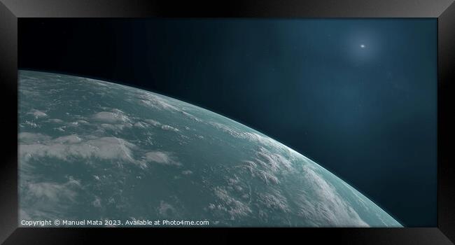 Blue atmosphere in hypothetical exoplanet Kepler 22b Framed Print by Manuel Mata
