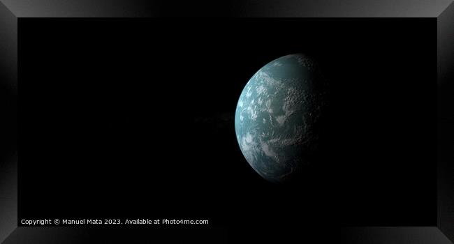 Hypothetical exoplanet Kepler 22b orbiting in the outer space Framed Print by Manuel Mata