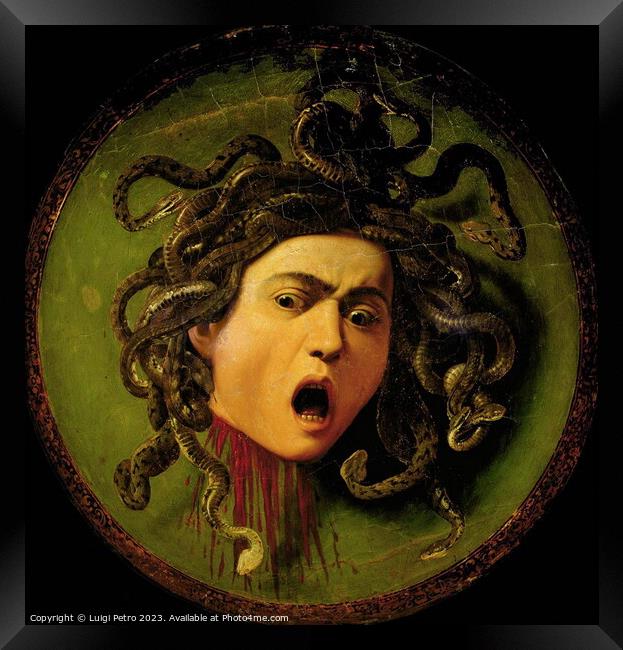 Medusa by Caravaggio, ca 1598 - oil on canvas.. Fl Framed Print by Luigi Petro