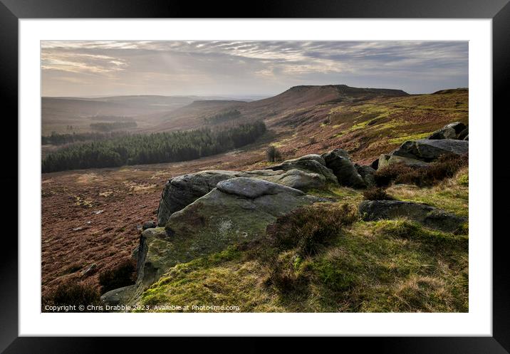 Higger Tor with rain moving through Framed Mounted Print by Chris Drabble