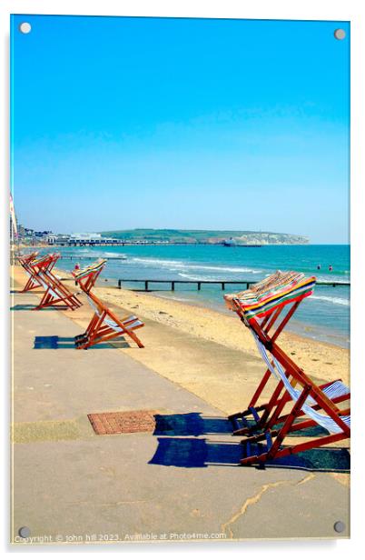 Early morning deckchairs at Sandown bay, Isle of Wight. Acrylic by john hill