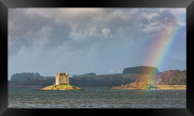 Castle Stalker flyby ducks and a rainbow Framed Print by John Finney