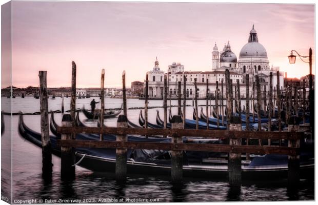 Moored Gondolas At St Marks Square In Venice At Sunset Canvas Print by Peter Greenway