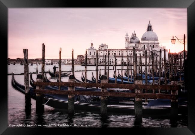 Moored Gondolas At St Marks Square In Venice At Sunset Framed Print by Peter Greenway