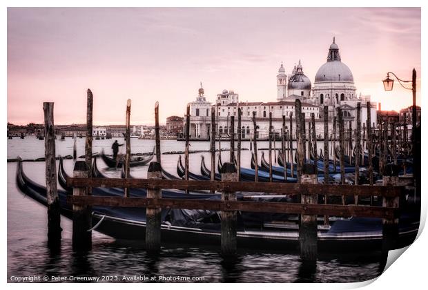 Moored Gondolas At St Marks Square In Venice At Sunset Print by Peter Greenway