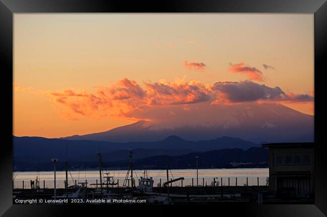 Mount Fuji during sunset seen from Enoshima, Japan Framed Print by Lensw0rld 