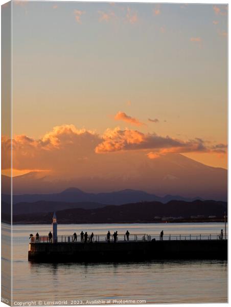 Mount Fuji during sunset seen from Enoshima, Japan Canvas Print by Lensw0rld 