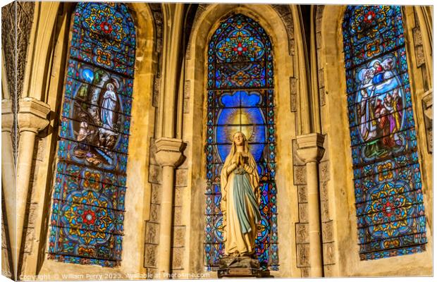 Virgin Mary Lourdes Statue Stained Glass Notre Dame Nice France Canvas Print by William Perry
