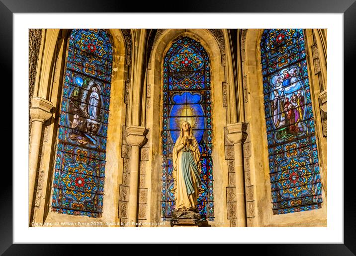 Virgin Mary Lourdes Statue Stained Glass Notre Dame Nice France Framed Mounted Print by William Perry